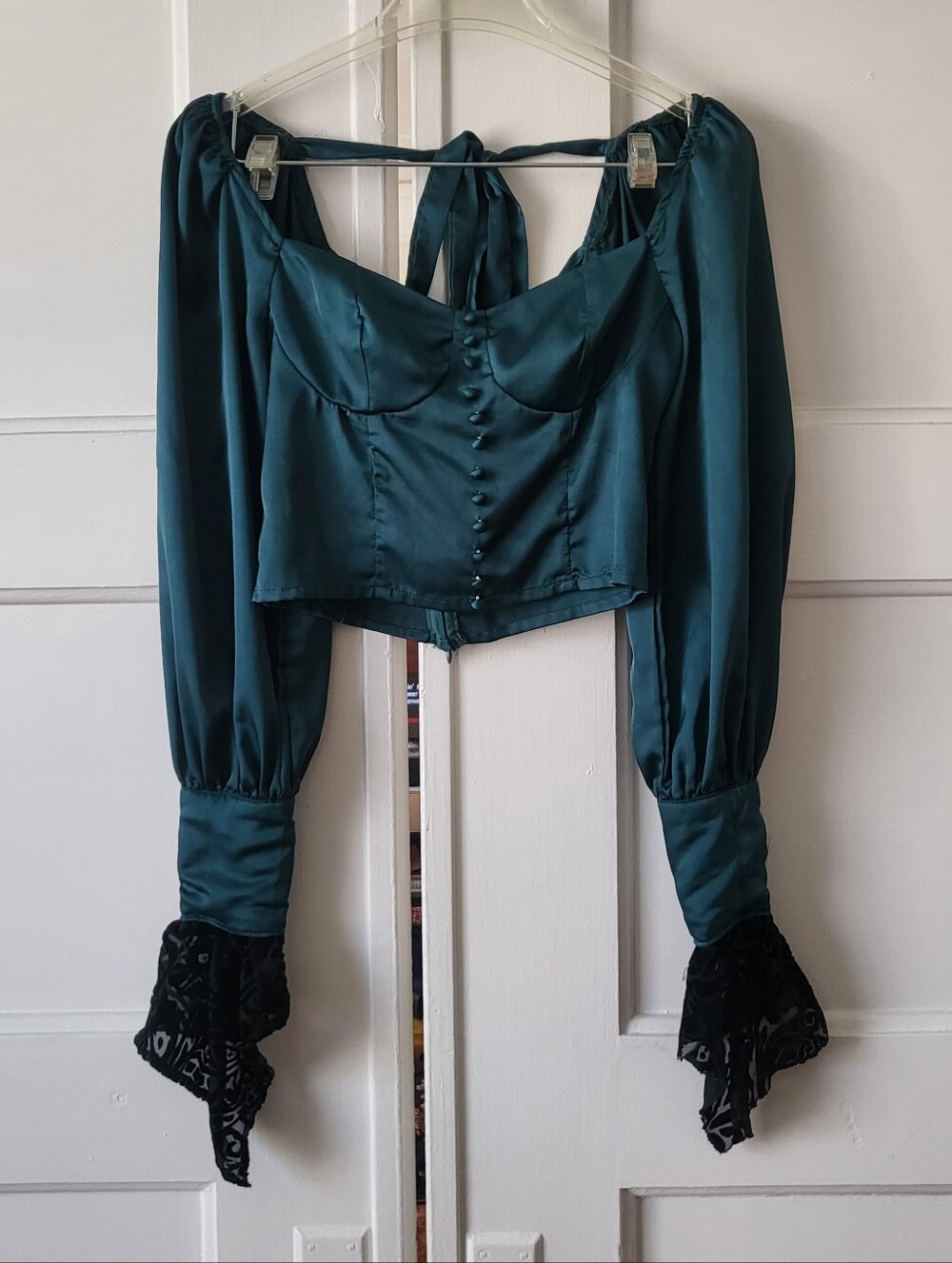 REWORKED Gothic Victorian Velvet Sleeve Emerald Satin Corset Crop Top Size Small
